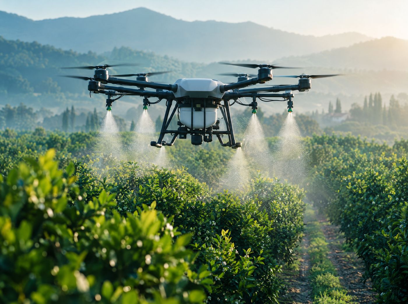 Drone de pulverização sobre fileiras de pomar