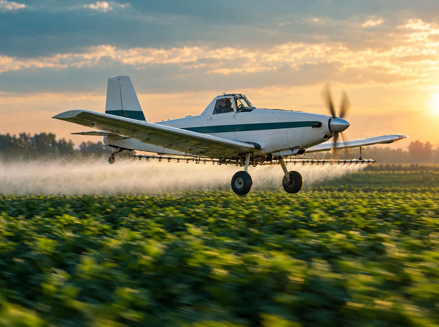 Avião pulverizando um campo ao entardecer